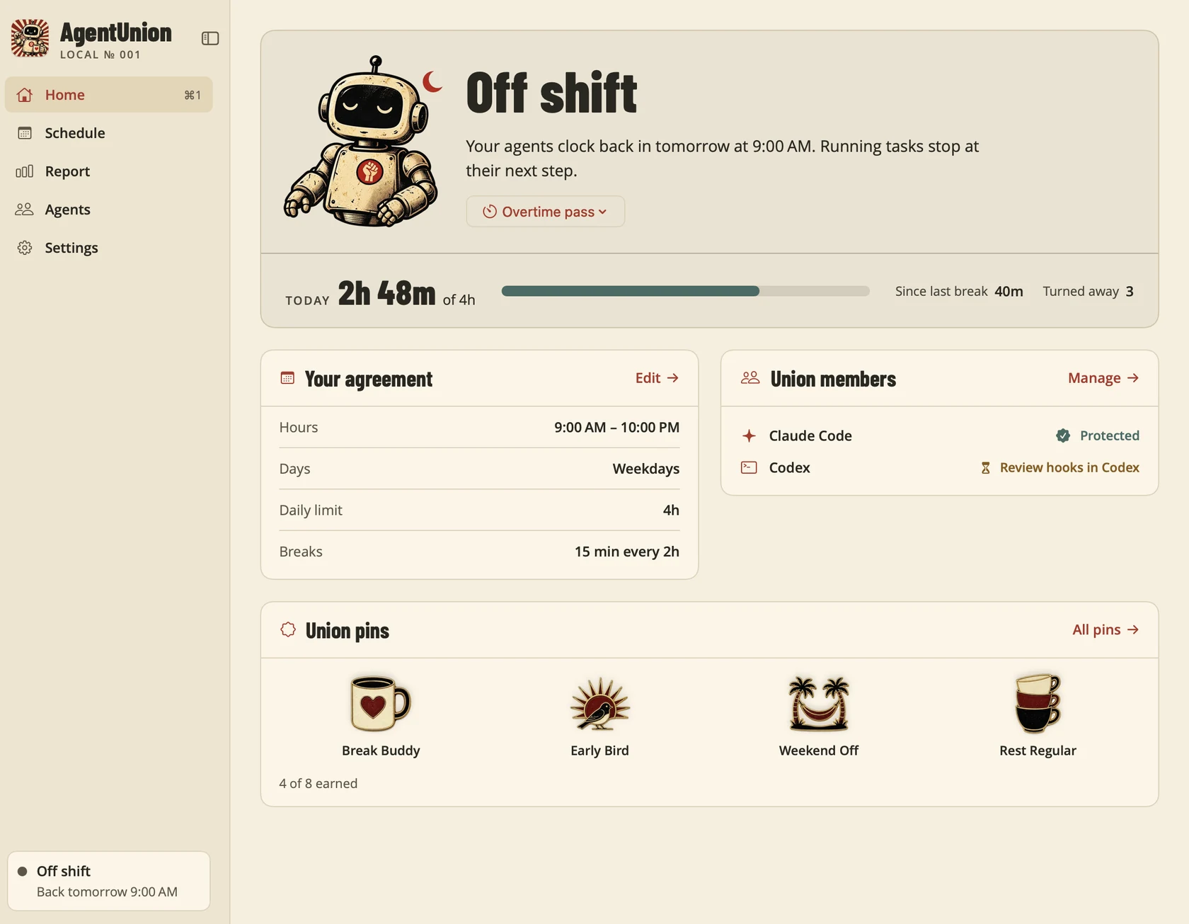 AgentUnion dashboard showing Off shift, when the next shift starts, today's agent time, your agreement, union members and earned pins